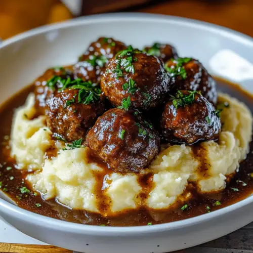 Salisbury Steak Meatballs With Garlic Herb Mashed Potatoes